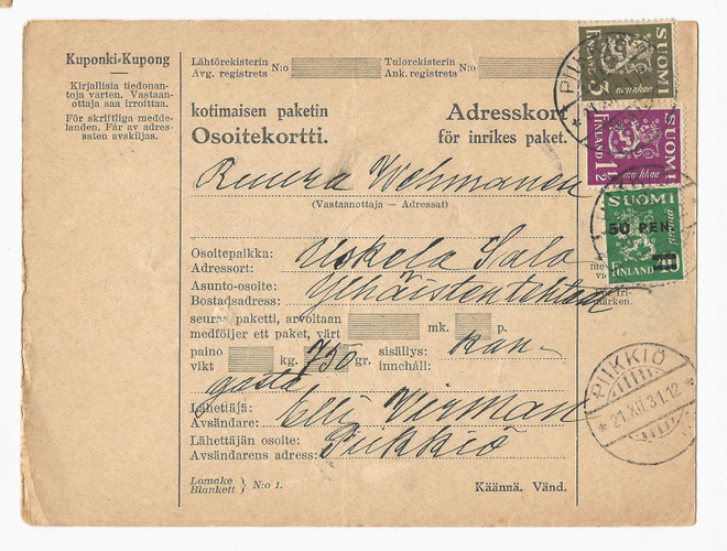 # 23912 # Osoitekortti Piikkiö > Salo - 1931