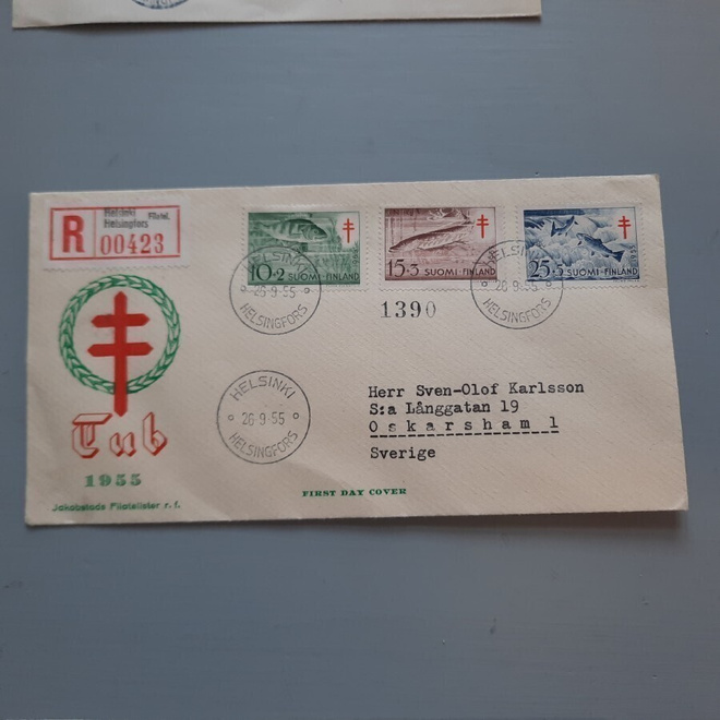 FDC Suomi 1955 TUB R-kuori Ruotsiin