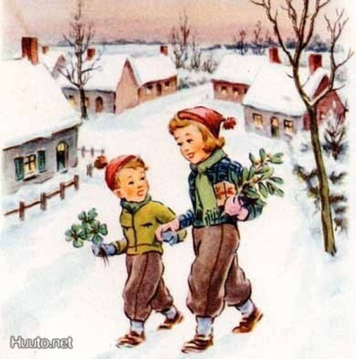 LAPSET / Lapset käsikkäin lumisessa kylässä. 1950-l.