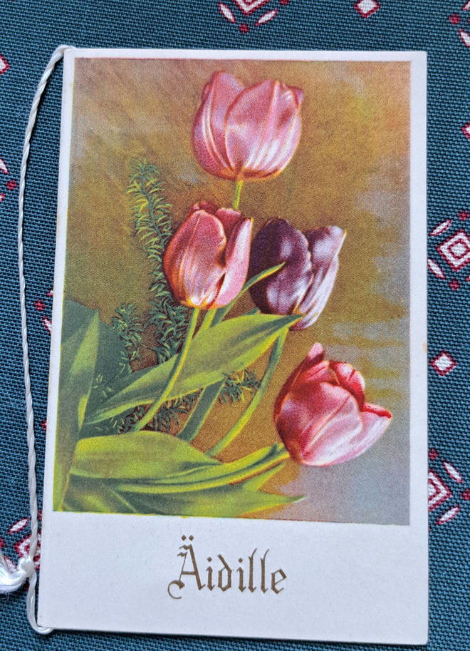 Kukkia,tulppaanit, taittokortti, kulkenut