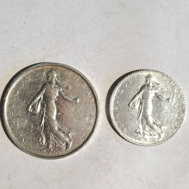 Ranska 5 Fr 1960 Hopea ja 1 Fr 1916 Hopea