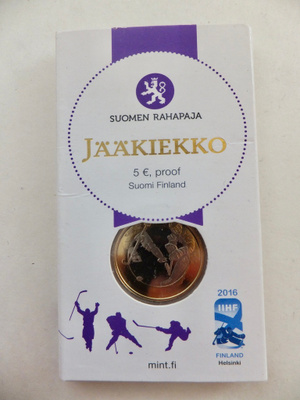 Suomi 5 Euro 2016 Jääkiekko PROOF Alkup Pakkaus