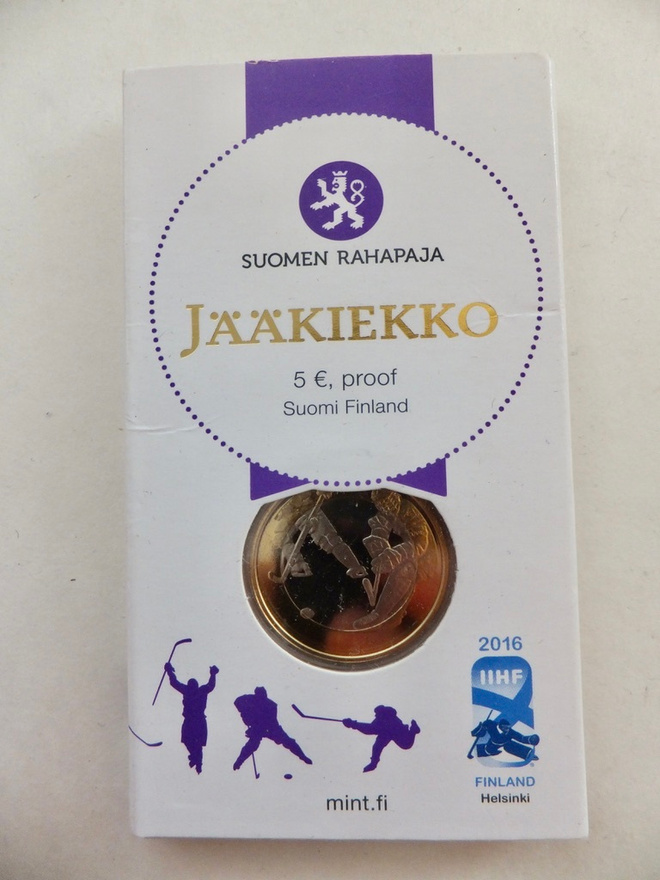 Suomi 5 Euro 2016 Jääkiekko PROOF Alkup Pakkaus