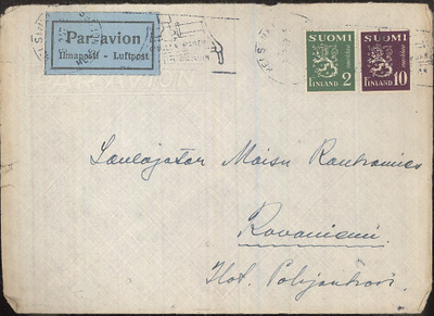 M30 1947 lentokirje Helsingistä Rovaniemelle