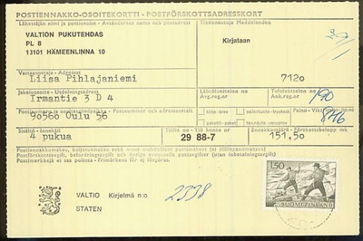 1963 1,50mk tukinuittaja postiennakkomaksuna virkalähetyksel