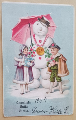 Lapset, lumiukko, possu ja kukkia, Uusi Vuosi, k-k. 1909