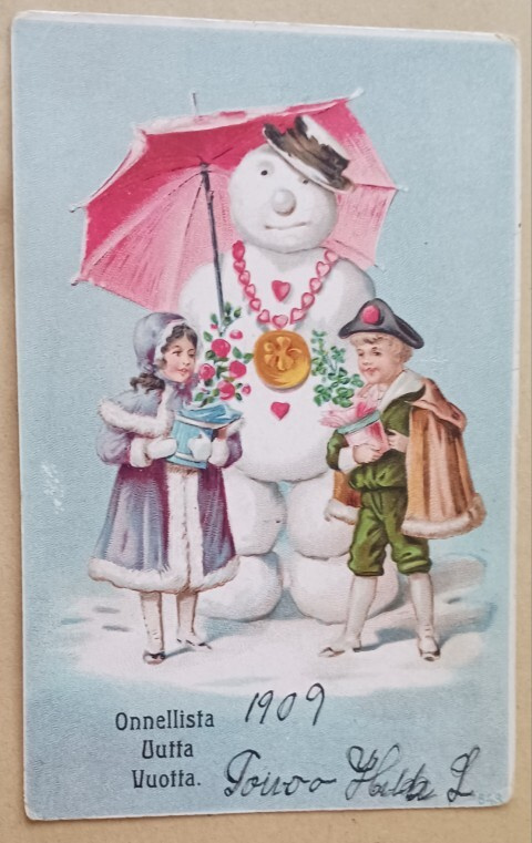 Lapset, lumiukko, possu ja kukkia, Uusi Vuosi, k-k. 1909