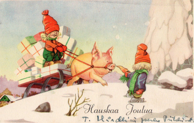 Vanha joulukortti-possu kiskoo lahjarekeä