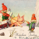 Vanha joulukortti-possu kiskoo lahjarekeä - pikkukuva 1
