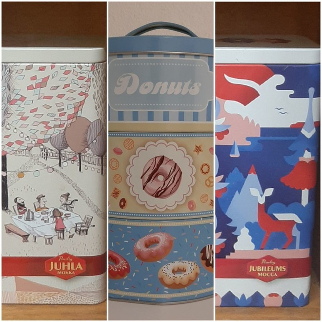 3 x peltirasia pyöreä Donuts ja kaksi Juhla Mokka