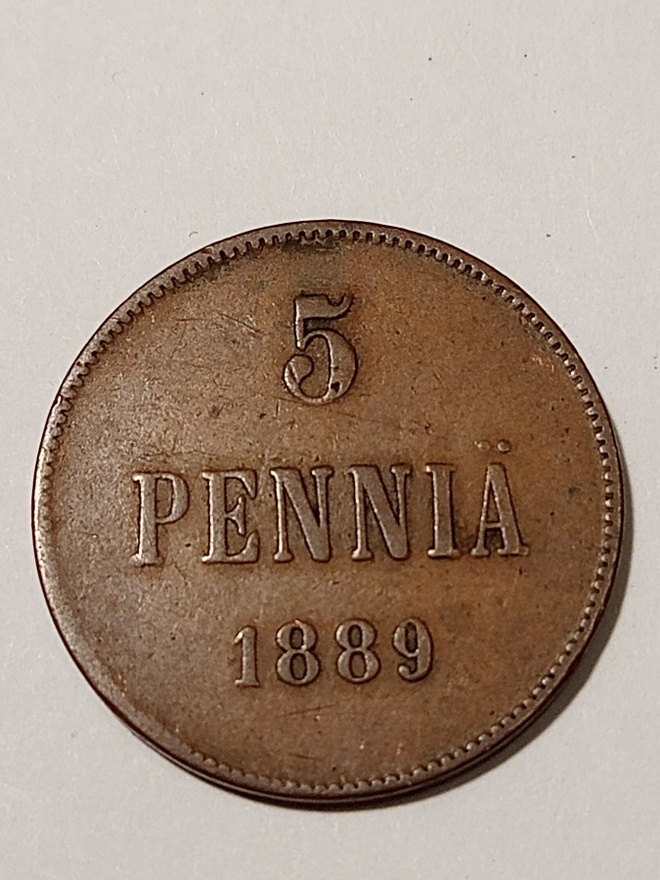 *Suomi *  5 penniä  *1889 *   Copper/Kupari *1+