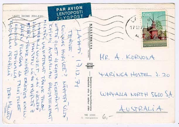 1970 90p Keuruu lentokortti Australiaan