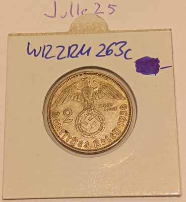 2 Reichsmark 1936 G natsisaksa hopeaa