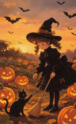 Halloween noitatyttö leikittää kissaa