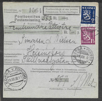 Postiosoitus - Yl.m. 1,5+2mk (LAPE 153+152) Porvoo 19.12.30