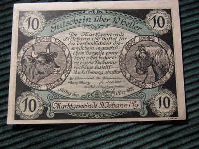 10 heller 1920. St.Johann im Pongau. Itävalta. Hätäraha