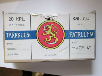 Lapuan tarkkuuspatruunoita, hylsyjä täysi laatikko 1930-luku
