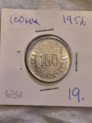 Hopearaha 100 markkaa 1956, Suomi, 5,2 g Ag500