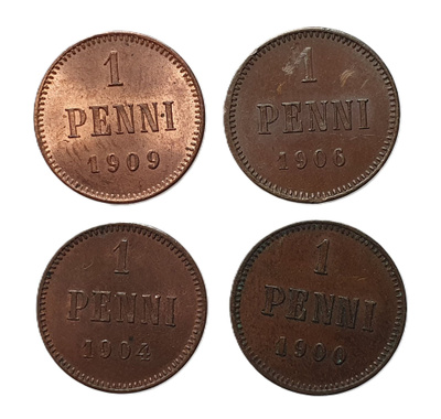 1 Penni 4 kpl. 1900-1909 Hyväkuntoinen erää!