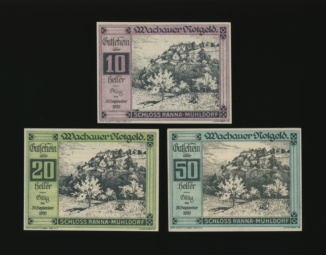 Itävalta Notgeld 10, 20, 50 Heller, Ranna-Mühldorf 1920