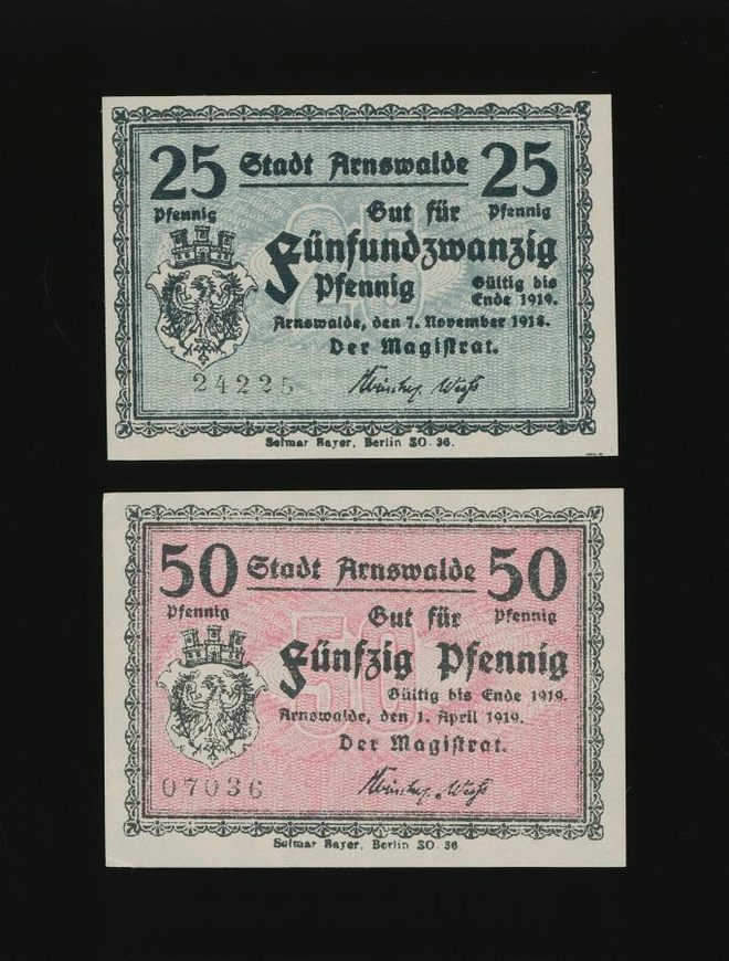 Saksa Notgeld 25, 50 Pfennig, Arnswalde 1918-19