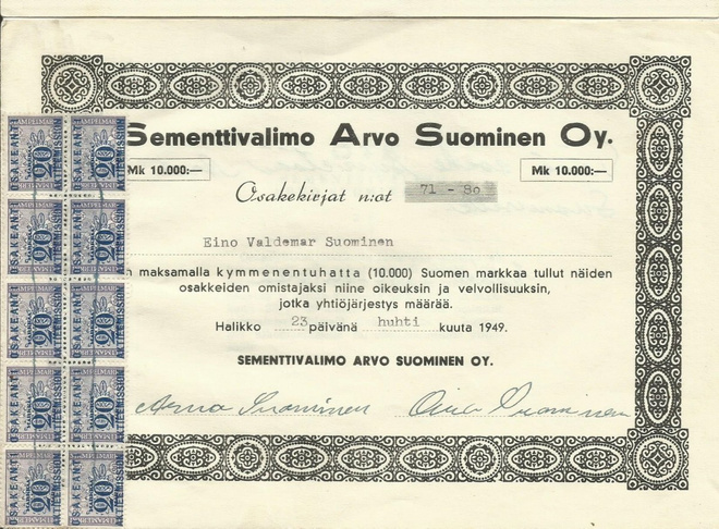 OKK 1949 Sementtivalimo Arvo Suominen Oy, Halikko osakekirja