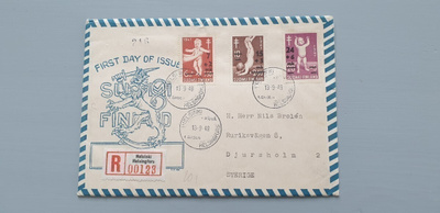 FDC Suomi 1948 TUP päällepainamat, R-kuori Ruotsiin