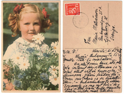 Vanha kortti, KUVATAIDE 272/10, tyttö ja kukat, v. 1954