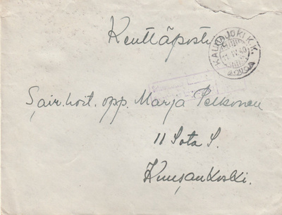 1940, Kirje Kenttäpostia, Kauhajoki kk, Sotasensuurin tarkas