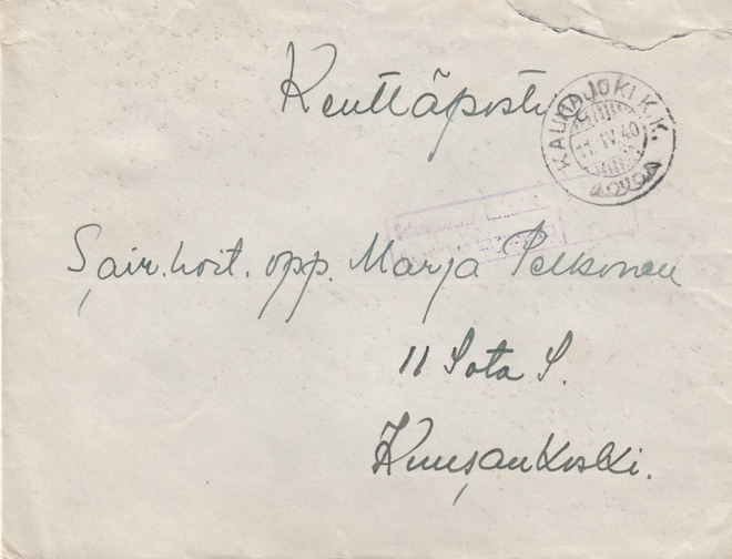 1940, Kirje Kenttäpostia, Kauhajoki kk, Sotasensuurin tarkas