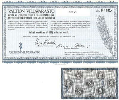 OKK obligaatio Valtion Viljavarasto 3.9.1984