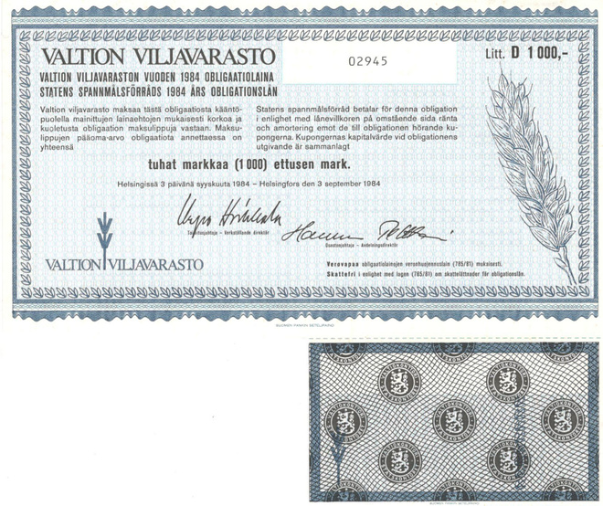 OKK obligaatio Valtion Viljavarasto 3.9.1984