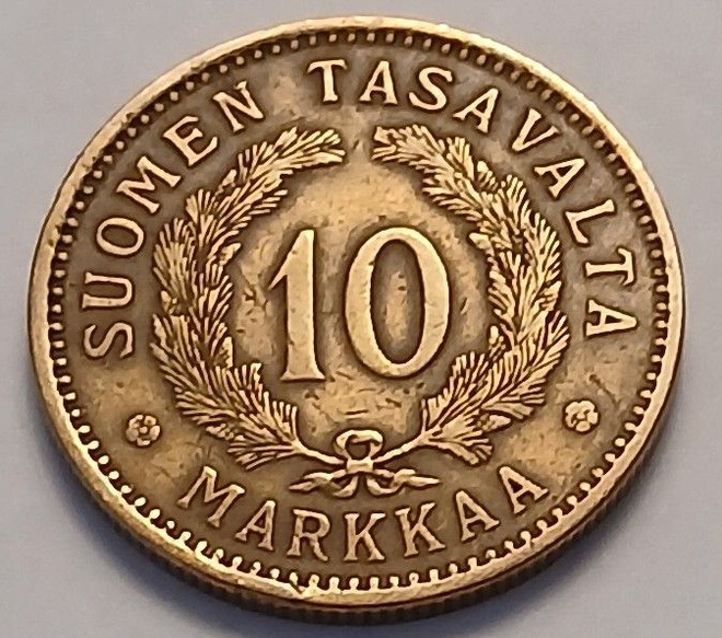 Alumiinipronssi 10 markkaa vuodelta 1928.