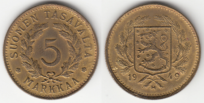 5 mk 1949 leveä H, epätasahavu