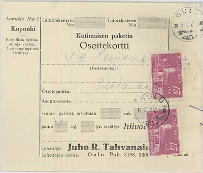 M30 1945 15mk Olavinlinna 2kpl pakettikortti -47