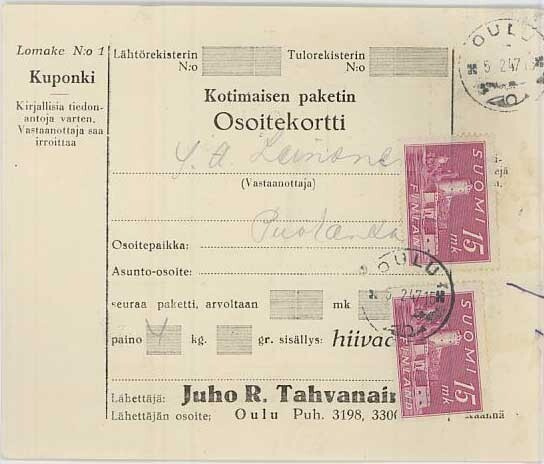 M30 1945 15mk Olavinlinna 2kpl pakettikortti -47