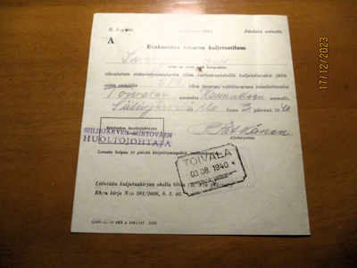 1940 Toivala (Silinjärvi) matkalipun tilaus siirtoväelle