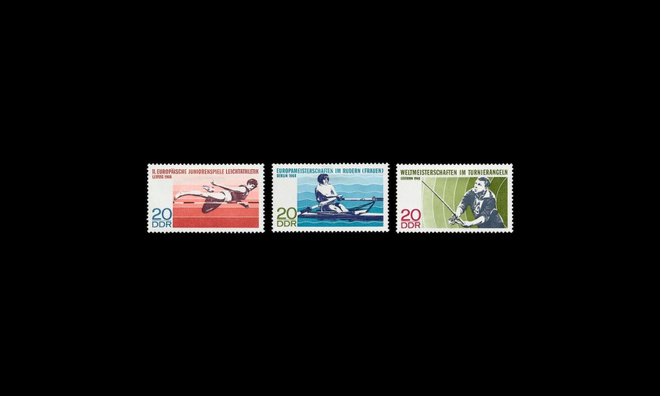 DDR 1372-4 ** Urheilu, korkeushyppy, soutu, kalastus (1968)