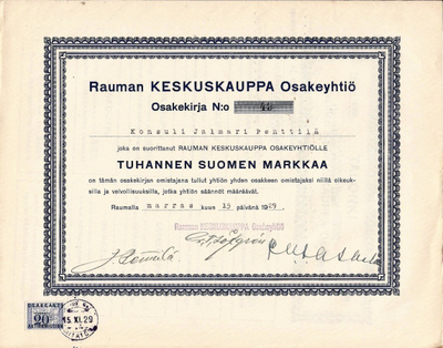 OKK 1929 Rauman Keskuskauppa Oy, Rauma osakekirja