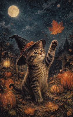 Halloween kissa ja lentelevä vaahteranlehti