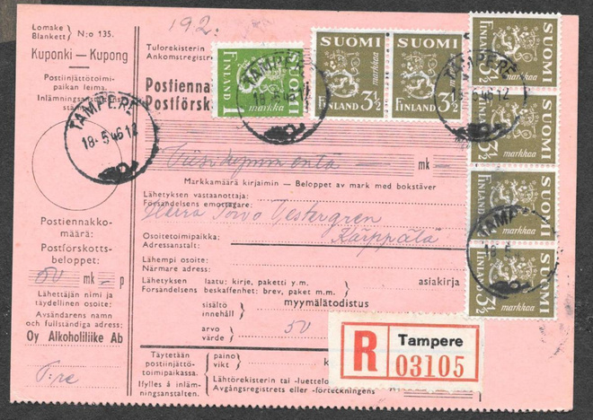 Postiennakkok. - Yl.m. 1+3,50mk (LAPE 262+6x265) Tre 18.5.46