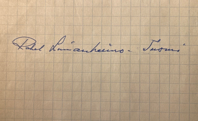Rakel Linnanheimo-Tuomi nimikirjoitus paperilla