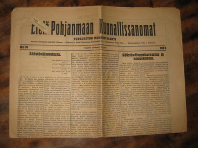 Sanomalehti  etelä-pohjanmaan kunnallissanomat 29.10.1929