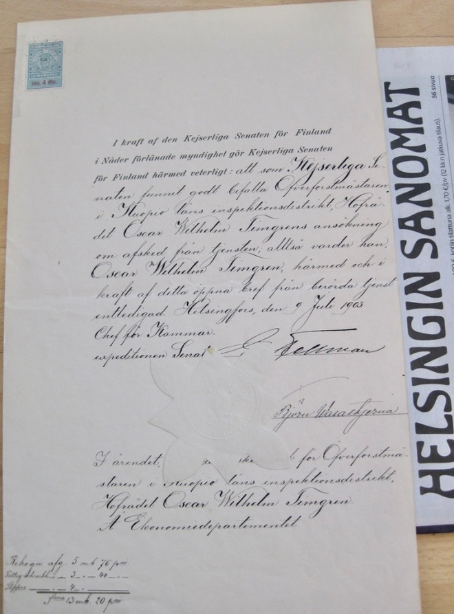 VANHA Asiakirja Suomen Senaatti 1903 KOMEA Sinetti