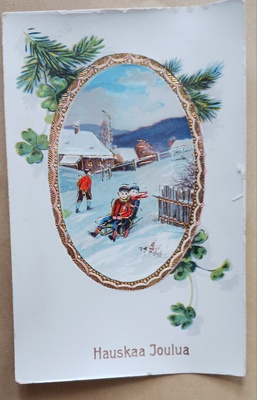 Soikiokortti, lapset laskevat kelkalla mäkeä, p. 1929