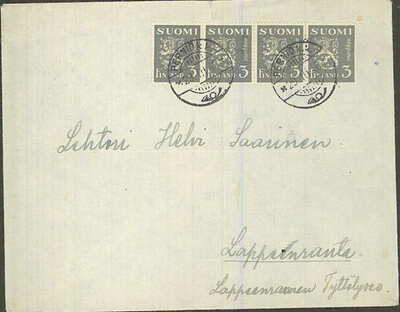 1947 3mk harmaa leijona 4-rivilö kirjeellä