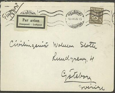 1930 3 mk oliivi lentokirje Ruotsiin