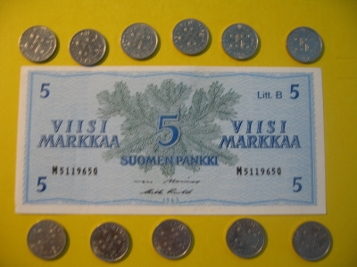 11 kpl 5 markkaa 1952-1962 koko sarja ja 1 mk seteli 1963
