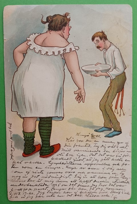 Vaimo komentaa miestään aamutoimiin, p. 1902