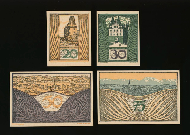Itävalta Notgeld 20, 30, 50, 75 Heller, Schwanenstadt